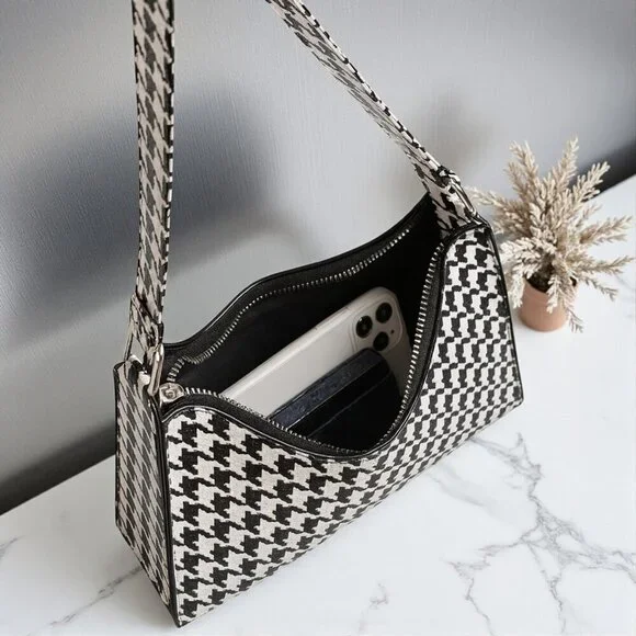 Houndstooth Baguette Shoulder Bag Black White PU Leather Y2K Streetwear Purse - Picture 6 of 14